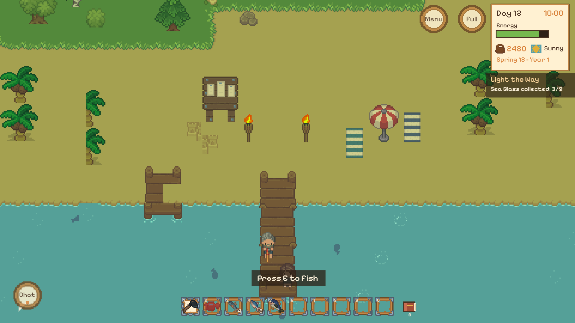 The KRVN pier at the harbour: an old fisherman stands on the boards, fish move under the water, and a prompt reads press E to fish.
