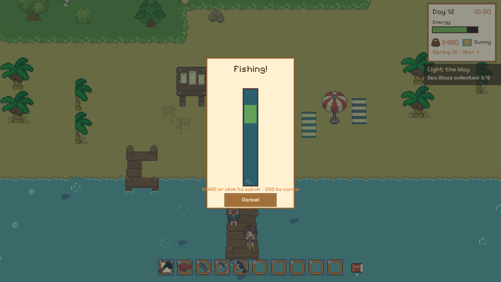 The KRVN fishing minigame: the catch bar mid-cast.