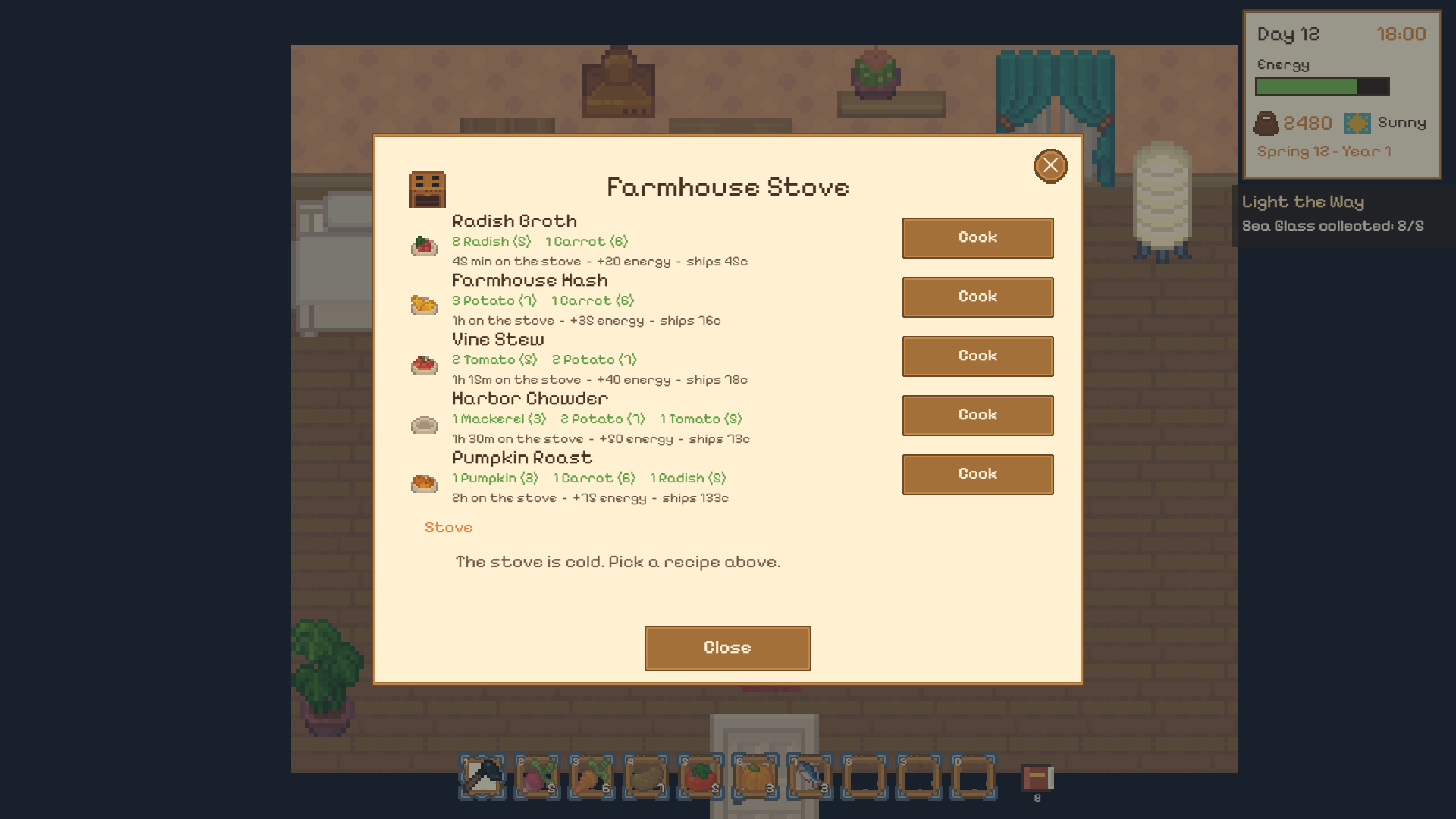 The Farmhouse Stove panel: recipes listed beside a stocked larder of ingredients.