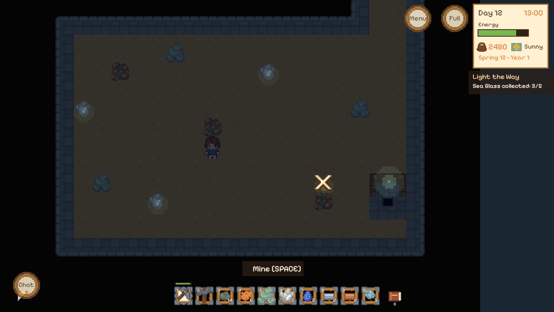 Stonehollow, second floor: dark rock walls and a copper vein exposed under the pickaxe.