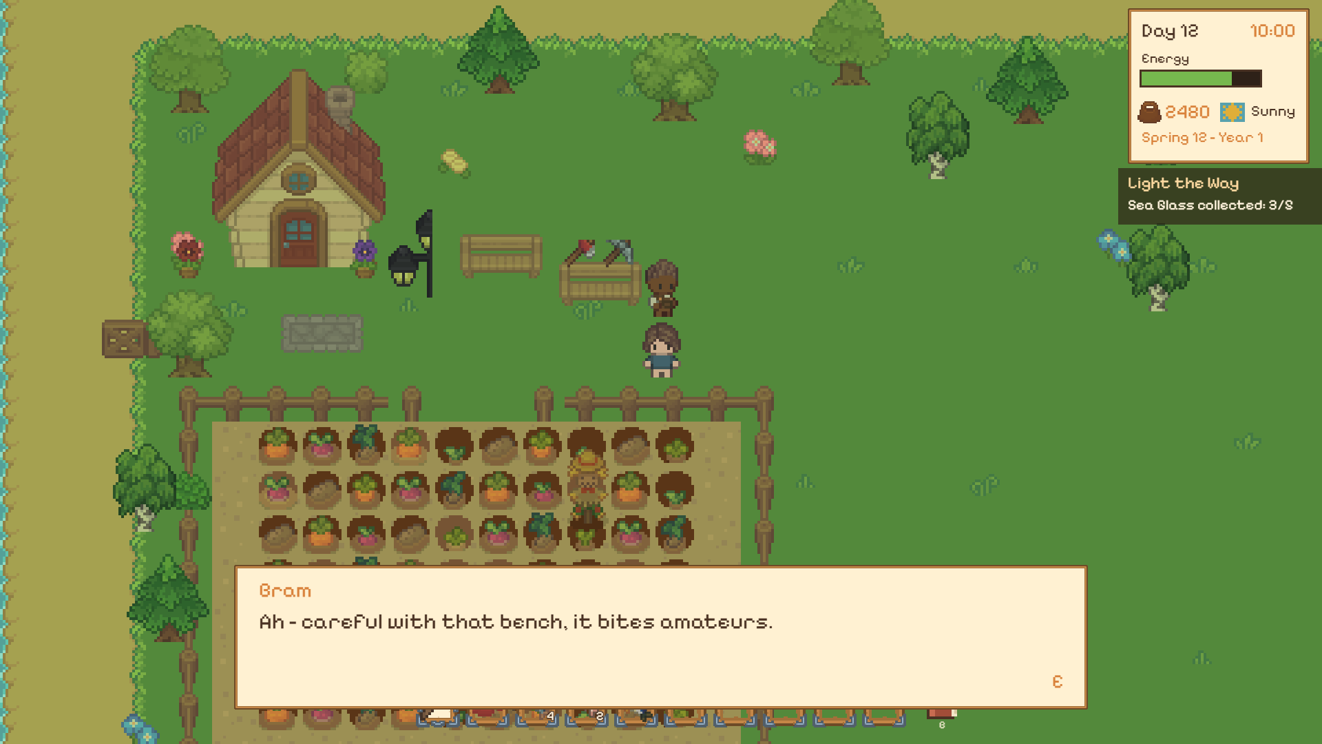 A conversation with Bram at the tool bench in the KRVN farmyard, his line of dialogue shown in a panel at the foot of the screen.