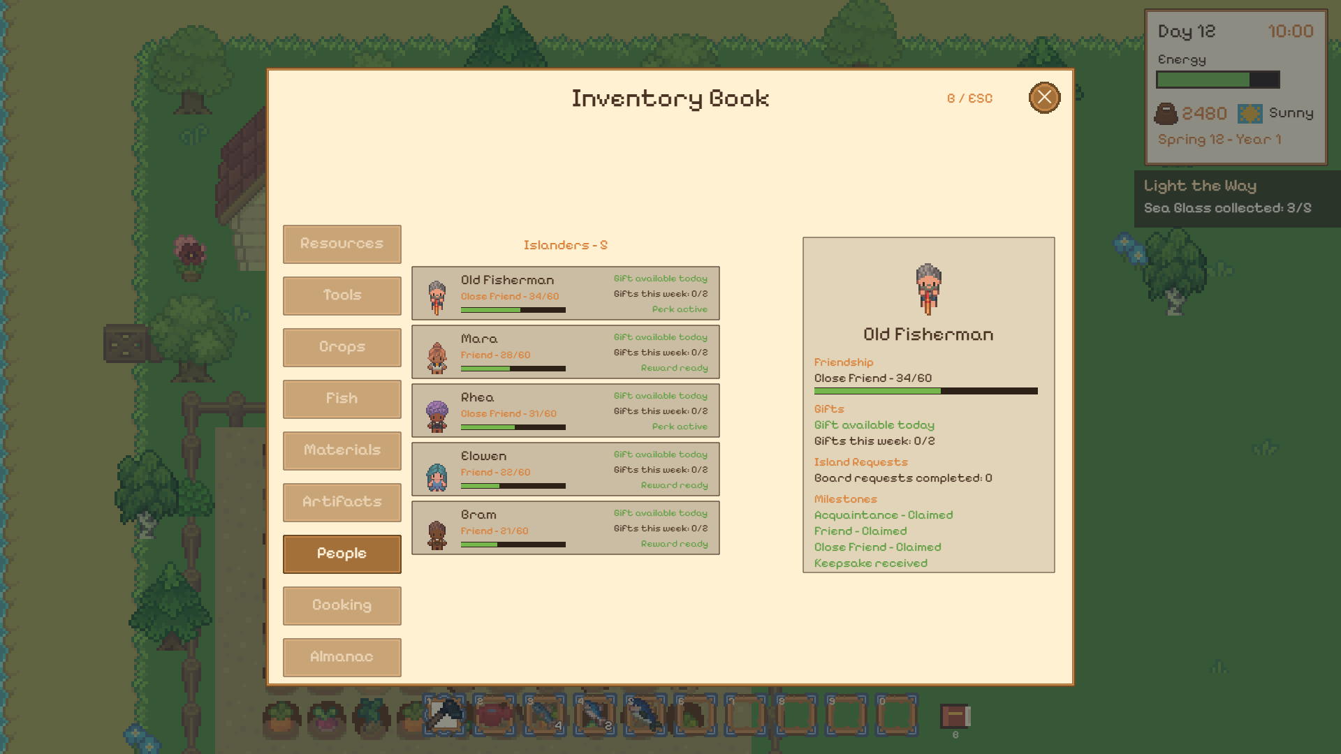The Book's People page: the islanders listed with heart levels and friendship milestones.