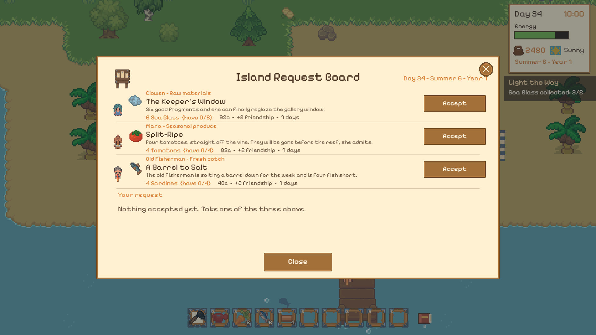 The Island Request Board showing the day's offers, each with what is asked for and what it returns.