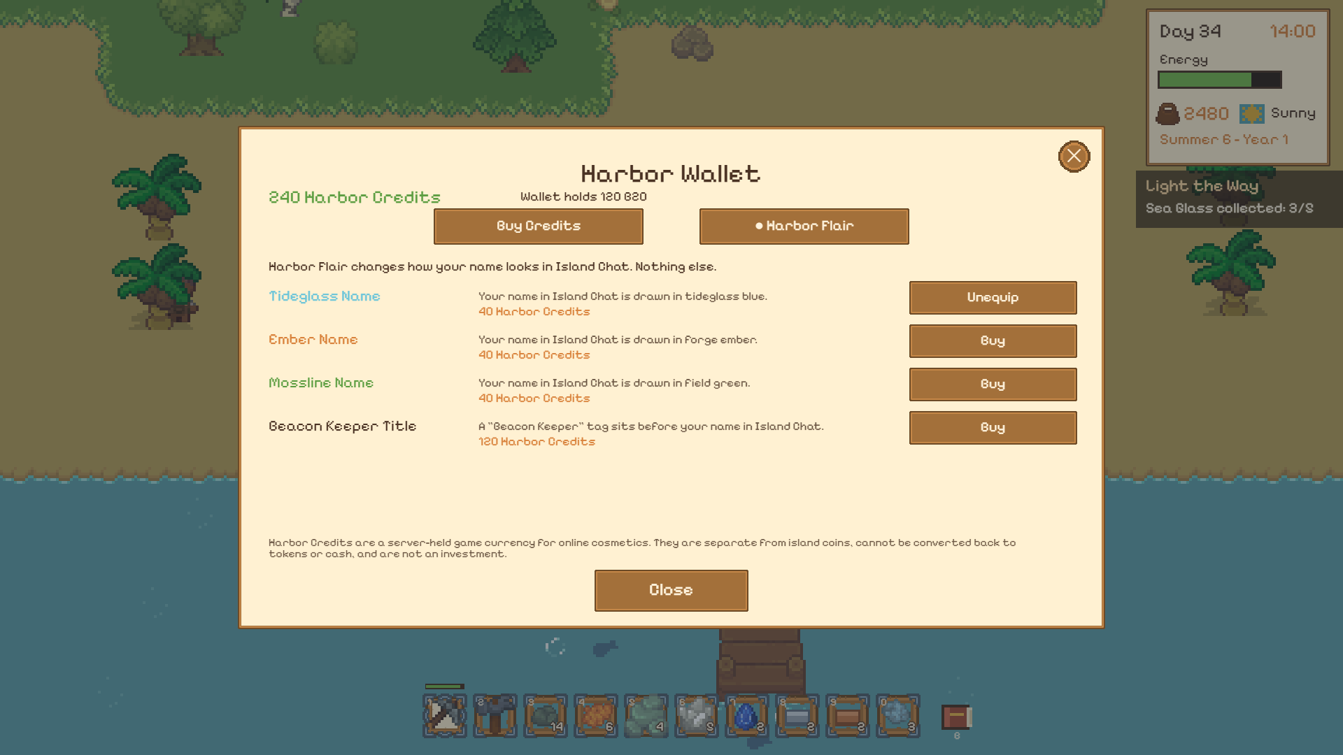 The in-game Harbor Wallet panel, Harbor Flair tab: cosmetic name colours and a chat title, with a note that Harbor Credits are a server-held game currency for online cosmetics and are not an investment.