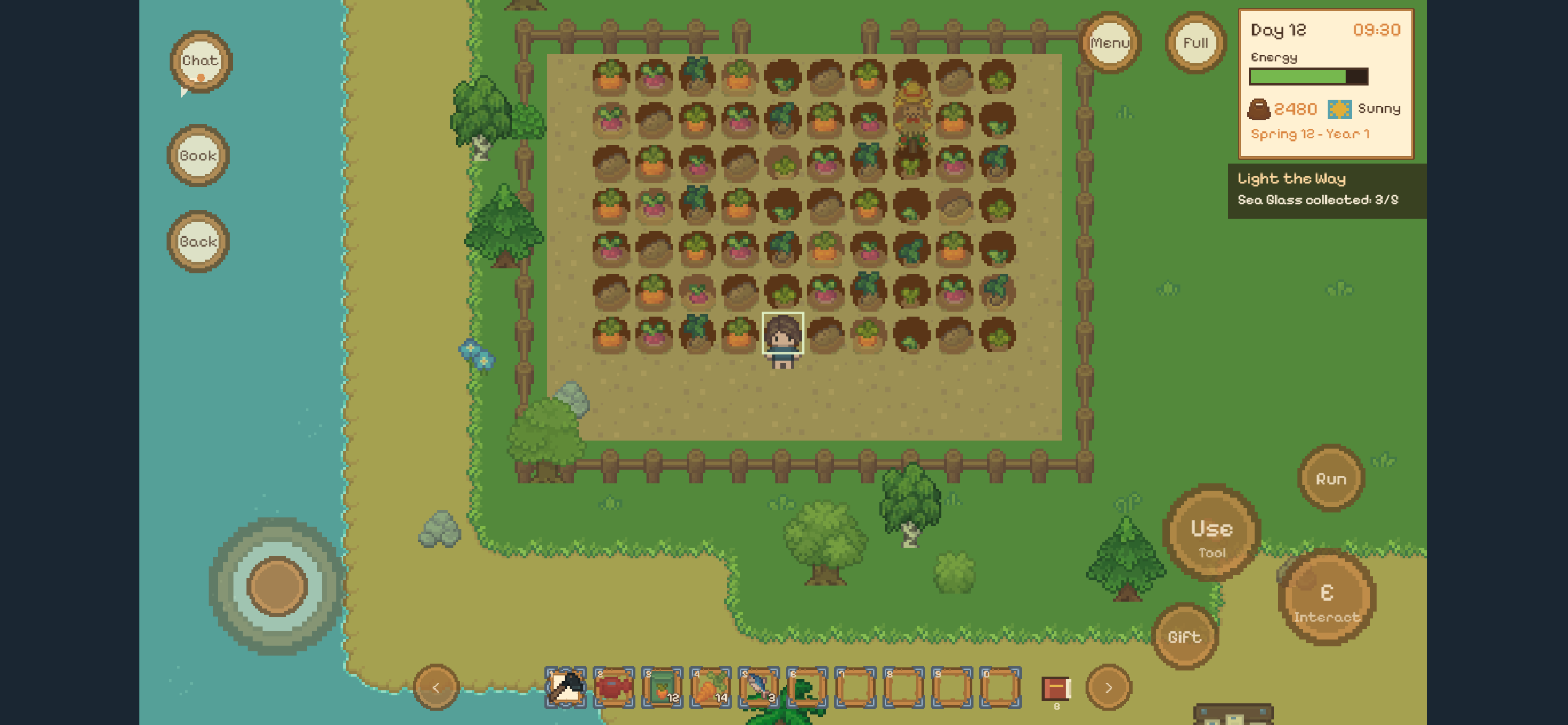 KRVN on a phone held sideways: the farm field fills the screen with a round touch joystick at the lower left, Use Tool, Interact, Run and Gift buttons at the lower right, the hotbar along the bottom and the day panel at the top right.